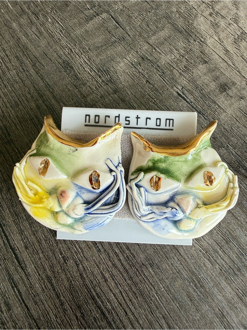 Nordstrom Hand-Painted Multicolor Cat Face Earrings with Gold Trim